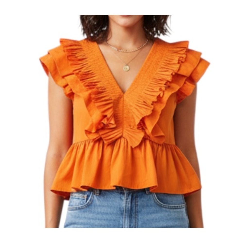 ENTRO ORANGE TOP Pleated Ruffle Deep V-Neck DRESSY COCKTAIL Peplum Cotton M